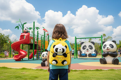 Yellow cartoon panda backpack with plush panda face and padded straps