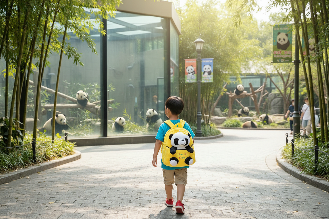 Yellow cartoon panda backpack with plush face and zip front pocket