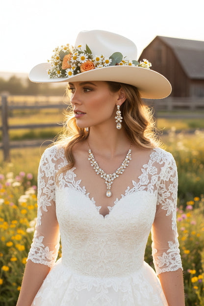 Bride necklace and chandelier earrings set with clear diamond-like stones