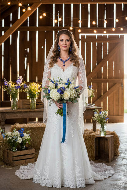 Bride necklace set with blue gemstone pendant and matching drop earrings