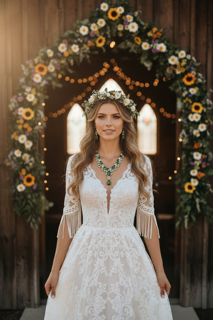 Bride necklace set with green jeweled drop earrings, diamond-like stones