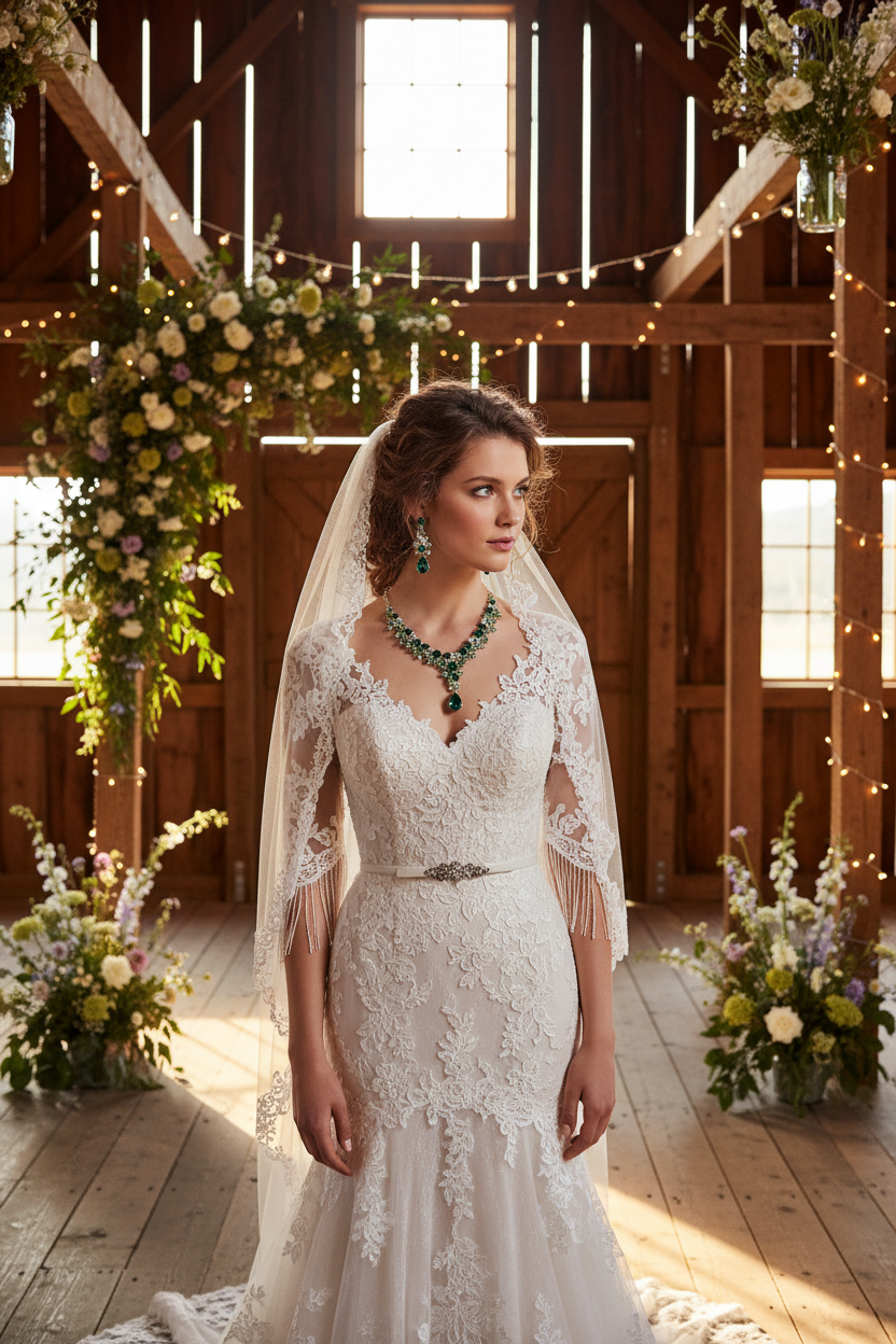 Bride necklace and earrings set with colorful teardrop gemstones and pendant necklace