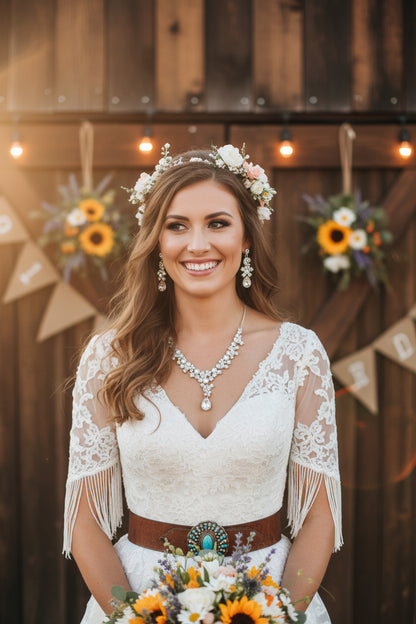 Bride necklace and drop earrings set with diamond-like stones and teardrop pendant