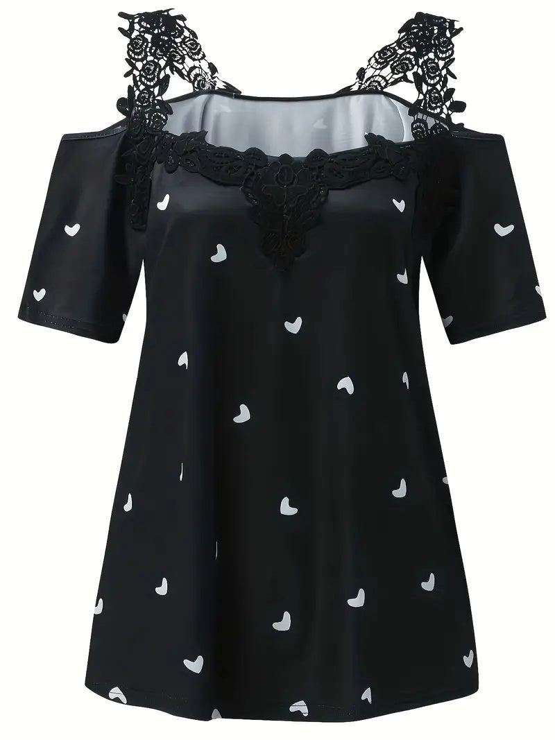 New Short-sleeved Lace Heart Print T-shirt Women's Top