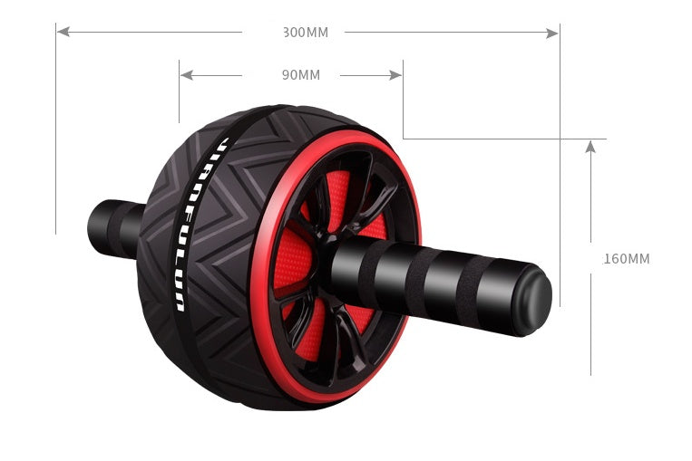 Abdominal wheel with black body, red rim, and ribbed foam handle grips