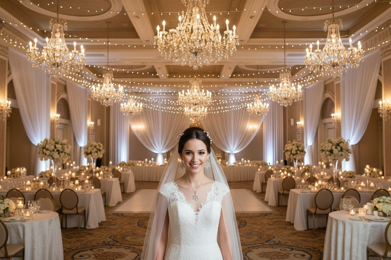 Snowflake bridal necklace with starburst pendant on bride in gown