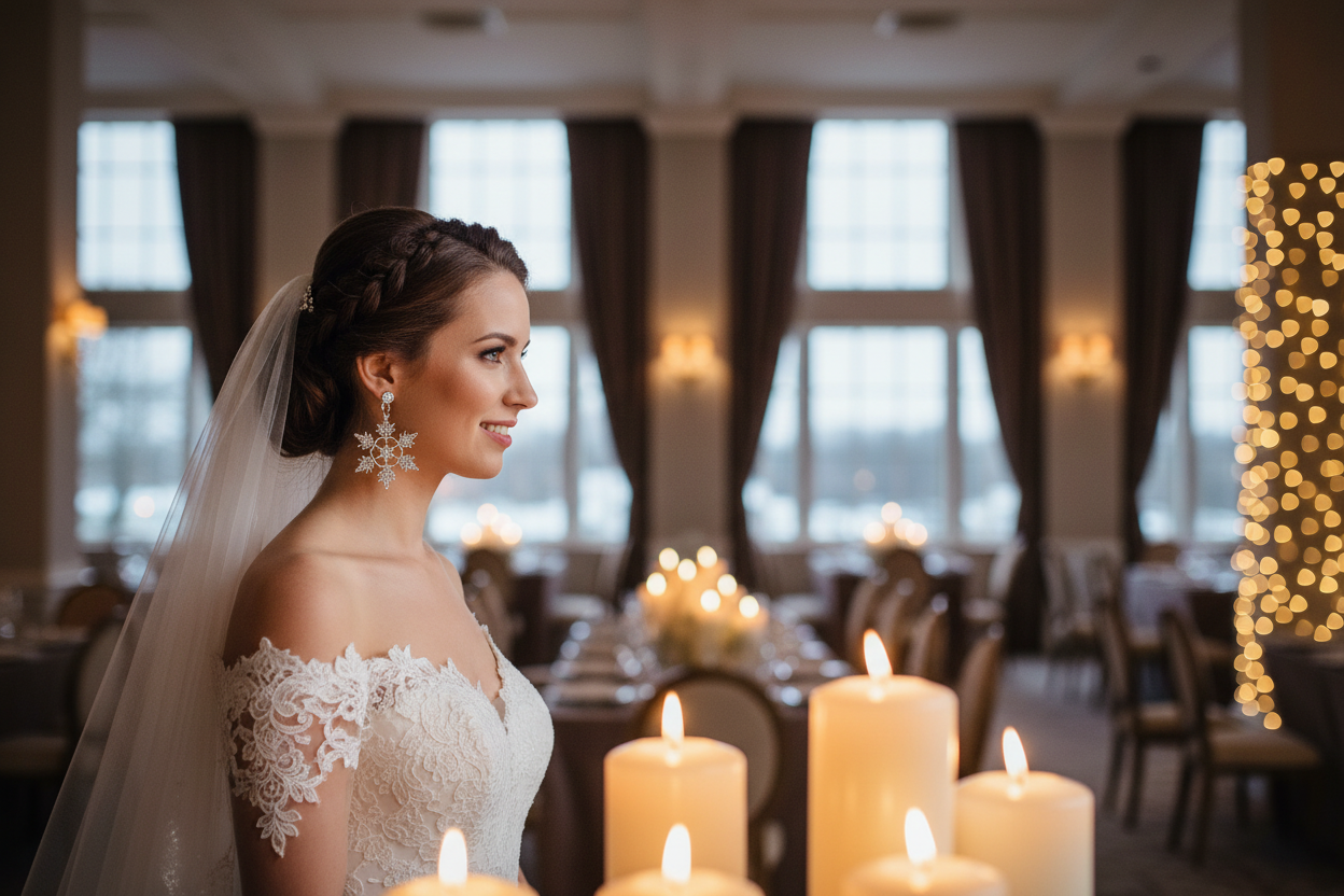 Snowflake drop earring and bridal necklace on bride, sparkling star design