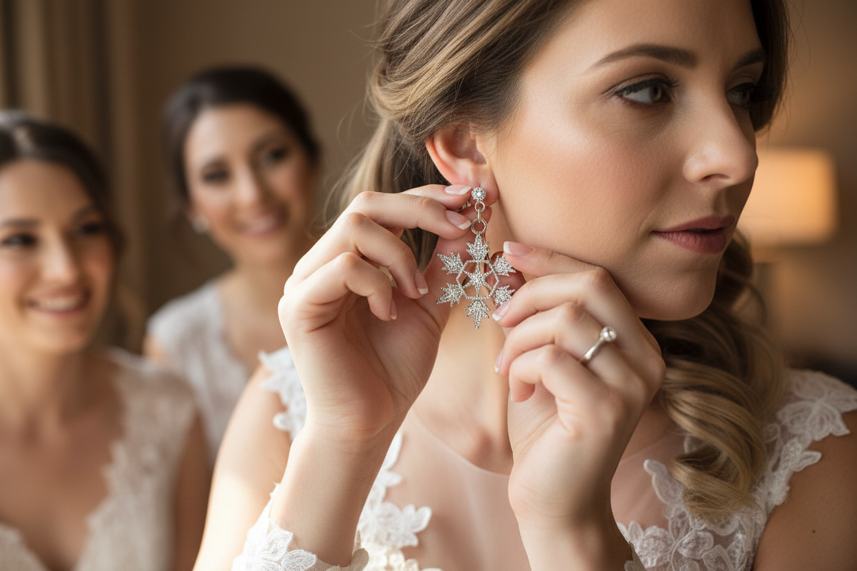 Snowflake drop earrings on bride, intricate starburst cluster with dangling rings