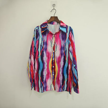 Women's Lapel Collar Printed Long Sleeve Shirt - Vibrant Colorful Pattern Button-Up Blouse Stylish