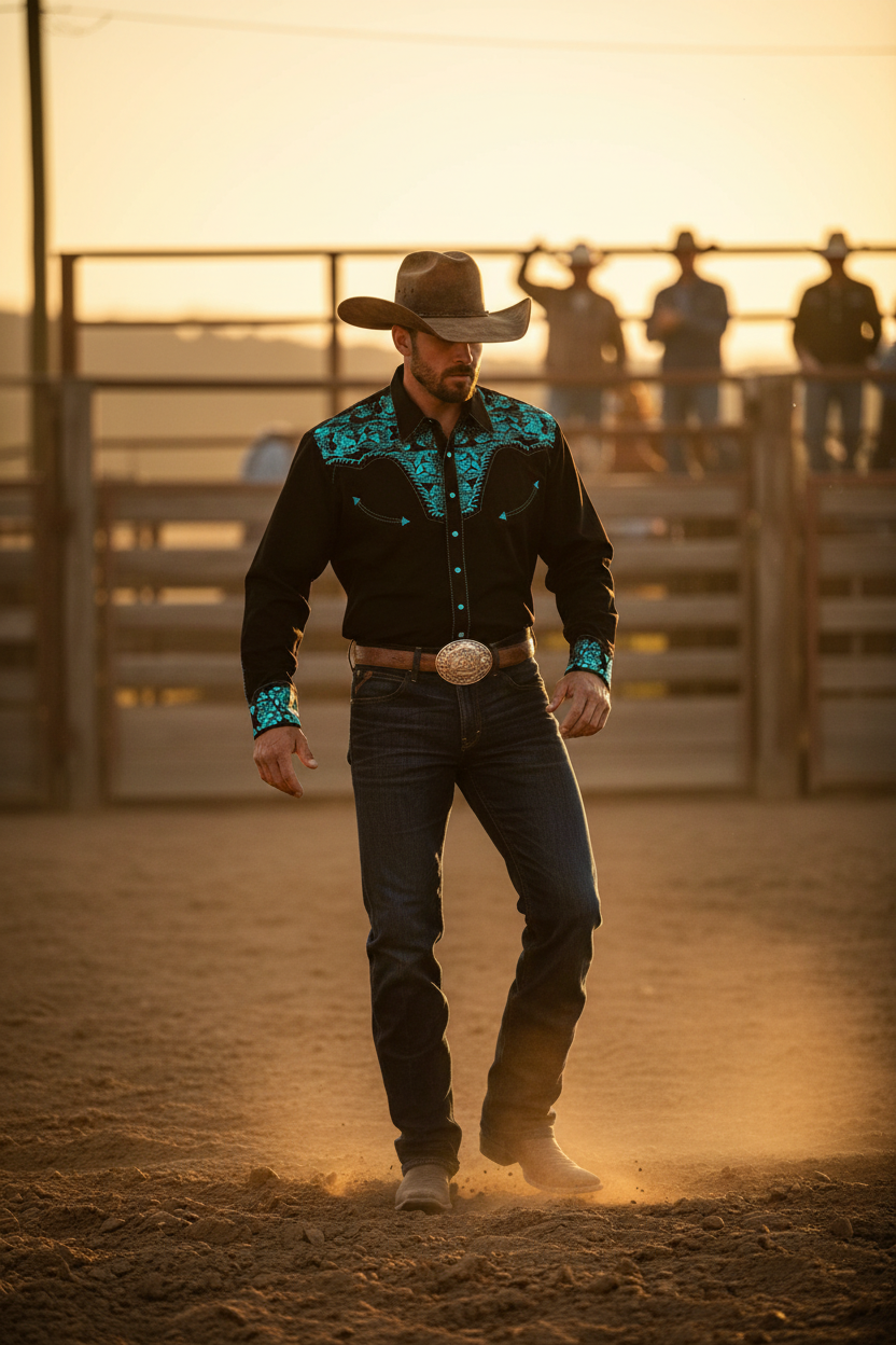Men's long-sleeve polo-collar button shirt, black with teal floral trim on yoke