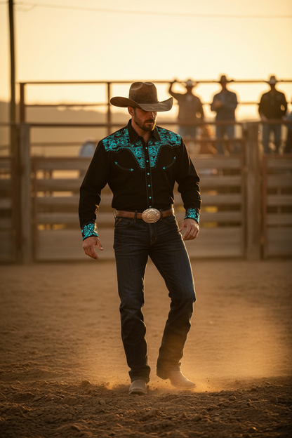 Men's long-sleeve polo-collar button shirt, black with teal floral trim on yoke
