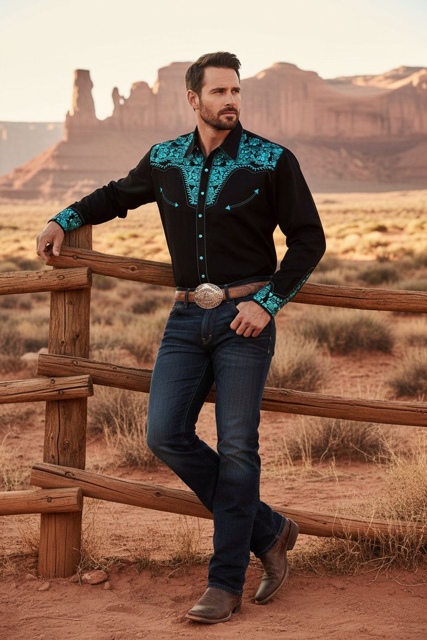 Men's long-sleeve polo-collar button shirt, black with teal embroidered accents