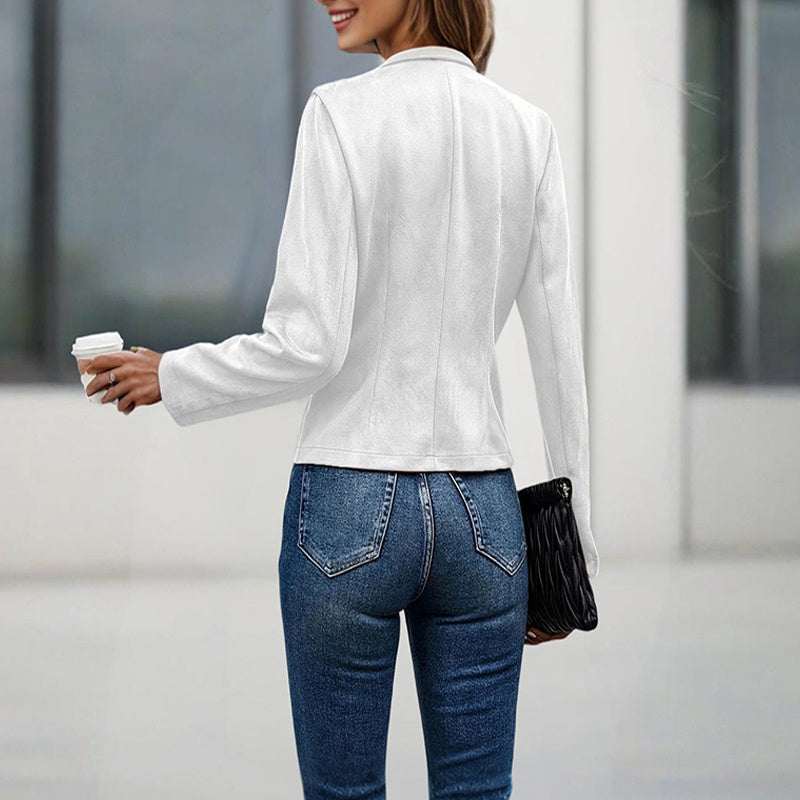 Women's Stand Collar Double-Breasted Jacket - Solid Color Long Sleeve Streetwear Coat Lightweight