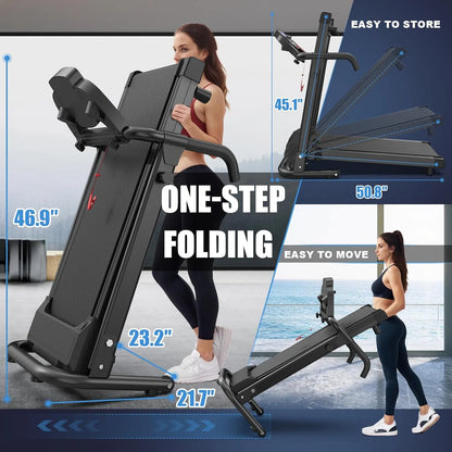 Foldable walking treadmill with one-step folding frame and console, black with blue accents