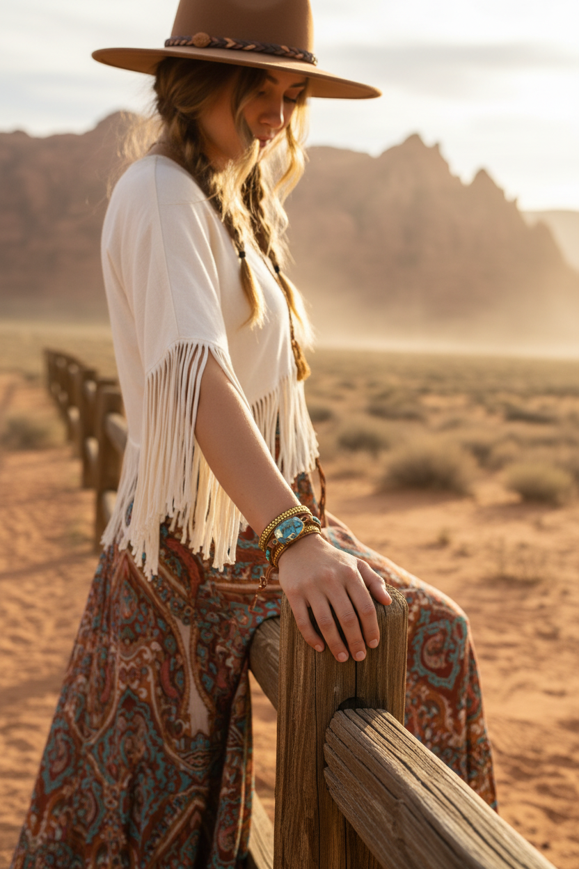 Turquoise bead and leather chain bracelet on wrist with gold-tone accents