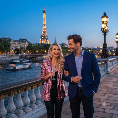 Women’s sequined blazer jacket with lapels, rose-pink sequins and long sleeves.