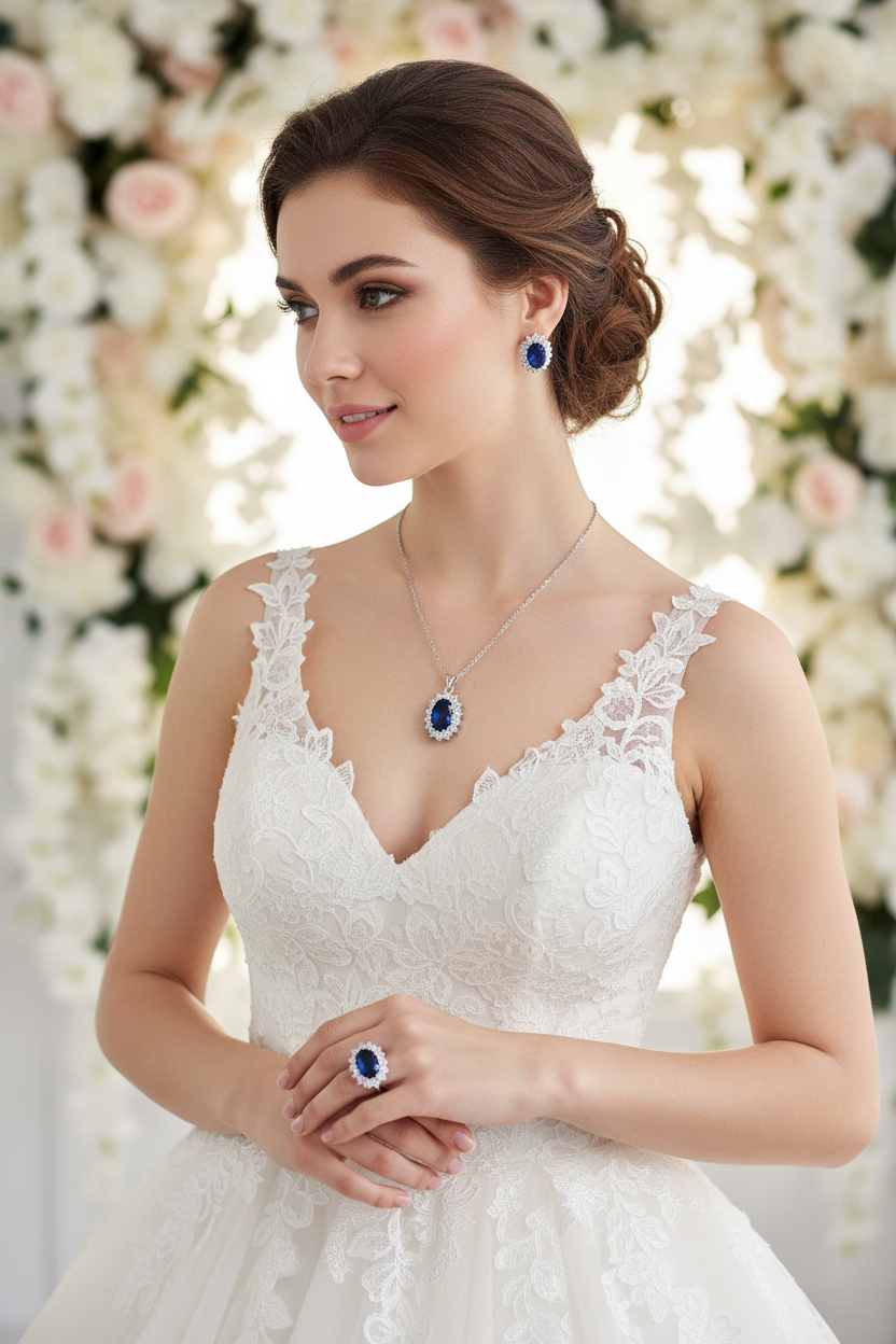 Women’s bridal jewelry set with blue oval zirconia pendant, ring, earrings