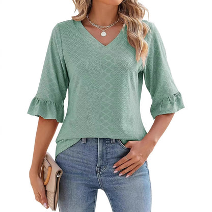 Women’s textured V-neck ruffle-sleeve top in seafoam green with flared cuff sleeves