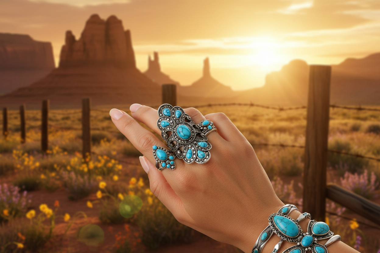 Vintage turquoise statement ring with multiple blue ovals in silver-tone scrollwork