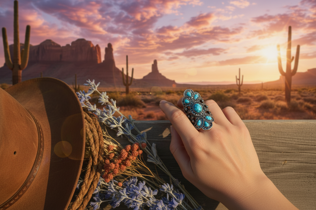 Turquoise blue statement ring with oval teal stones and silver-tone engraved design