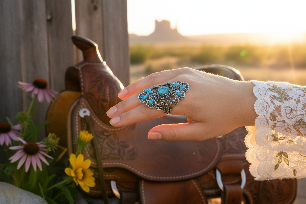 Turquoise blue oval ring with ornate silver filigree and four surrounding stones