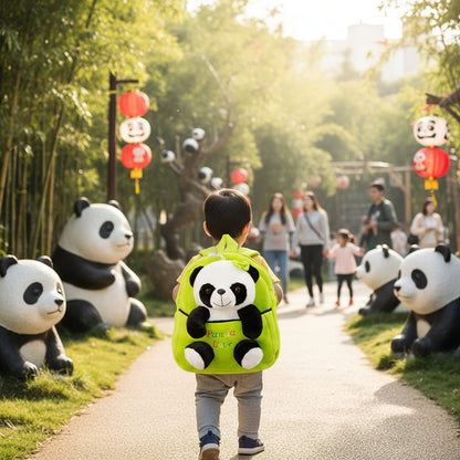 Green cartoon panda backpack with plush panda face and front pocket