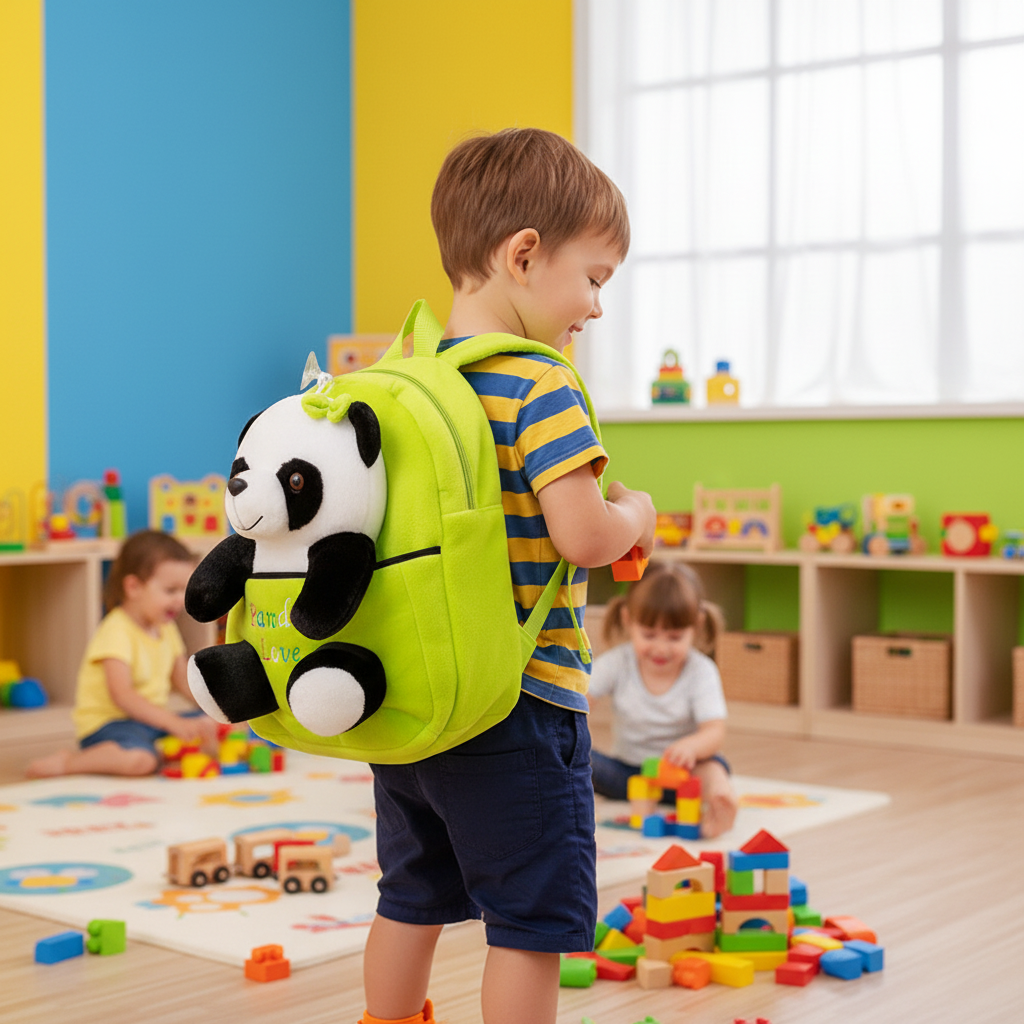 Green cartoon panda backpack with plush panda face and top handle