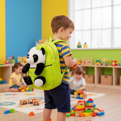 Green cartoon panda backpack with plush panda face and top handle