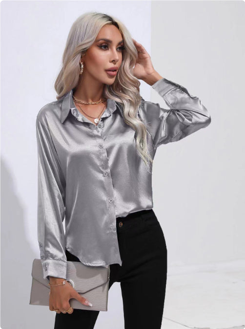 Silver satin button-up shirt with long sleeves and pointed collar