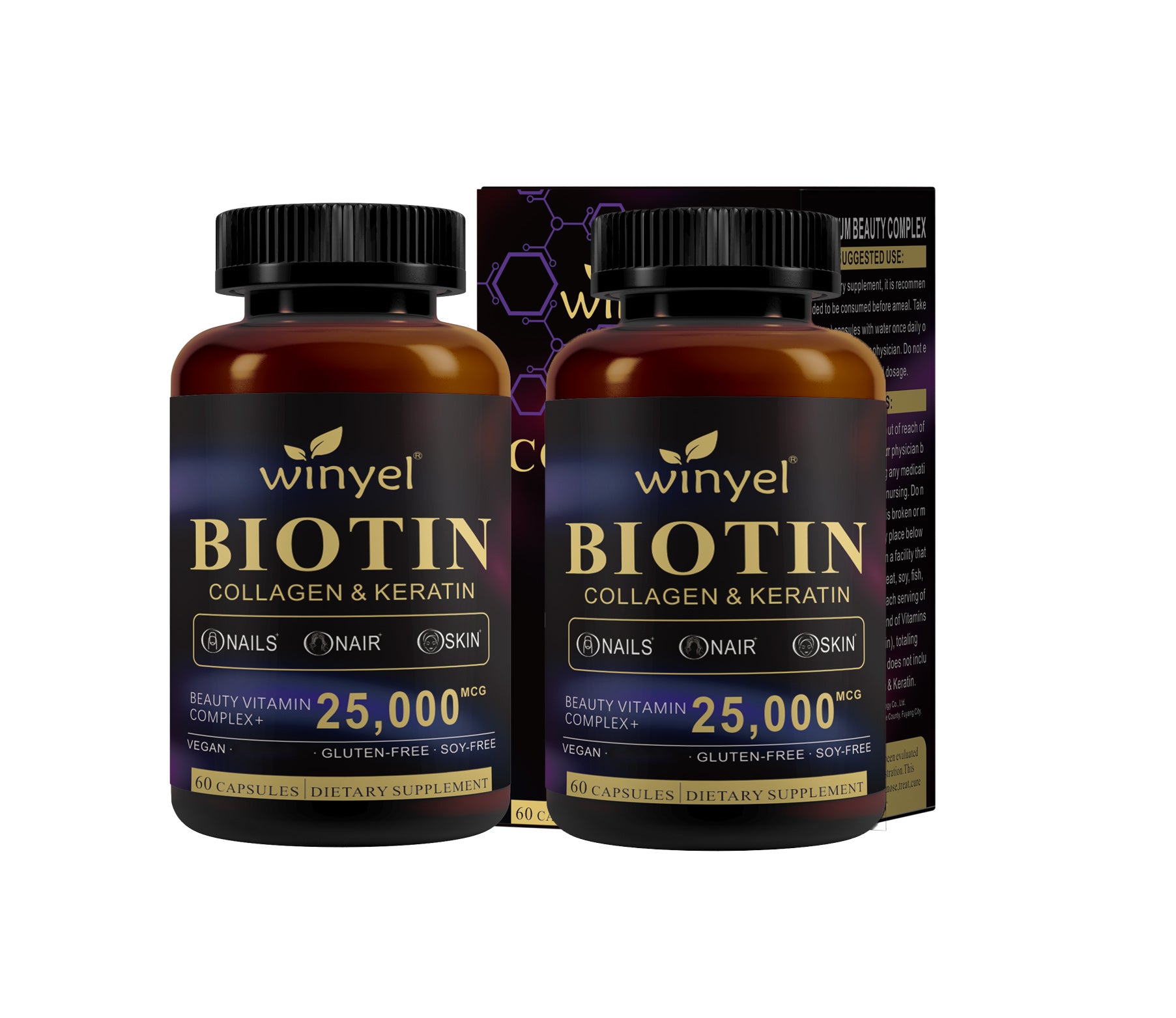 Winyel biotin collagen & keratin supplement bottles, two-pack with black caps