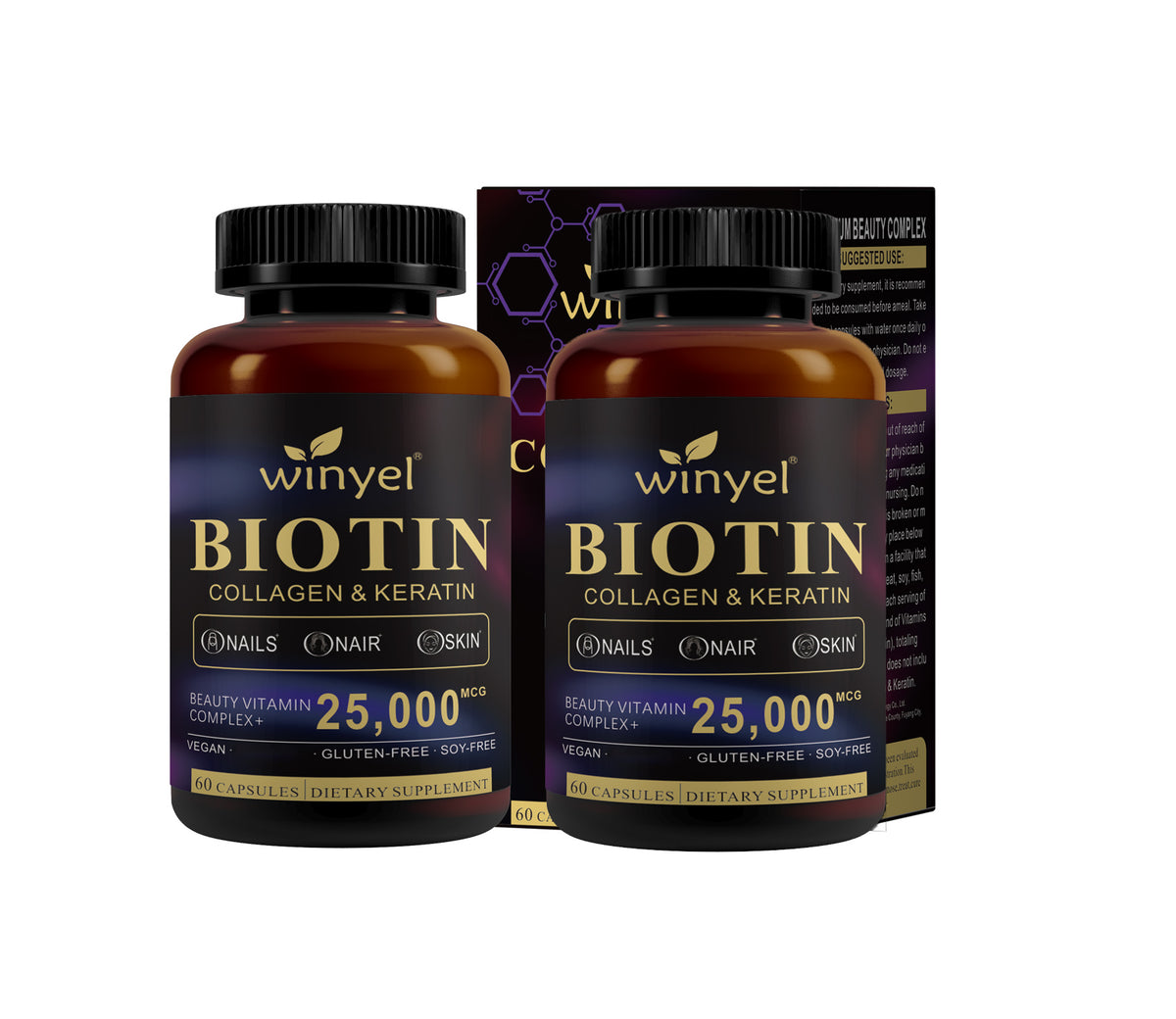 Winyel biotin collagen & keratin supplement bottles, two-pack with black caps