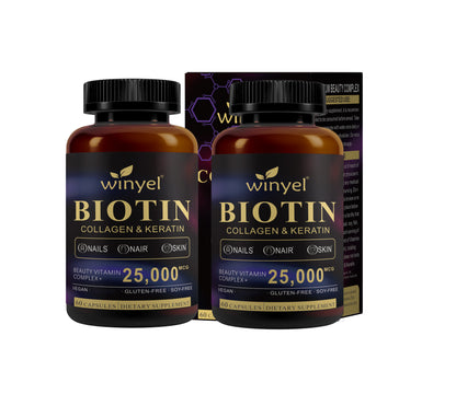 Winyel biotin collagen & keratin supplement bottles, two-pack with black caps