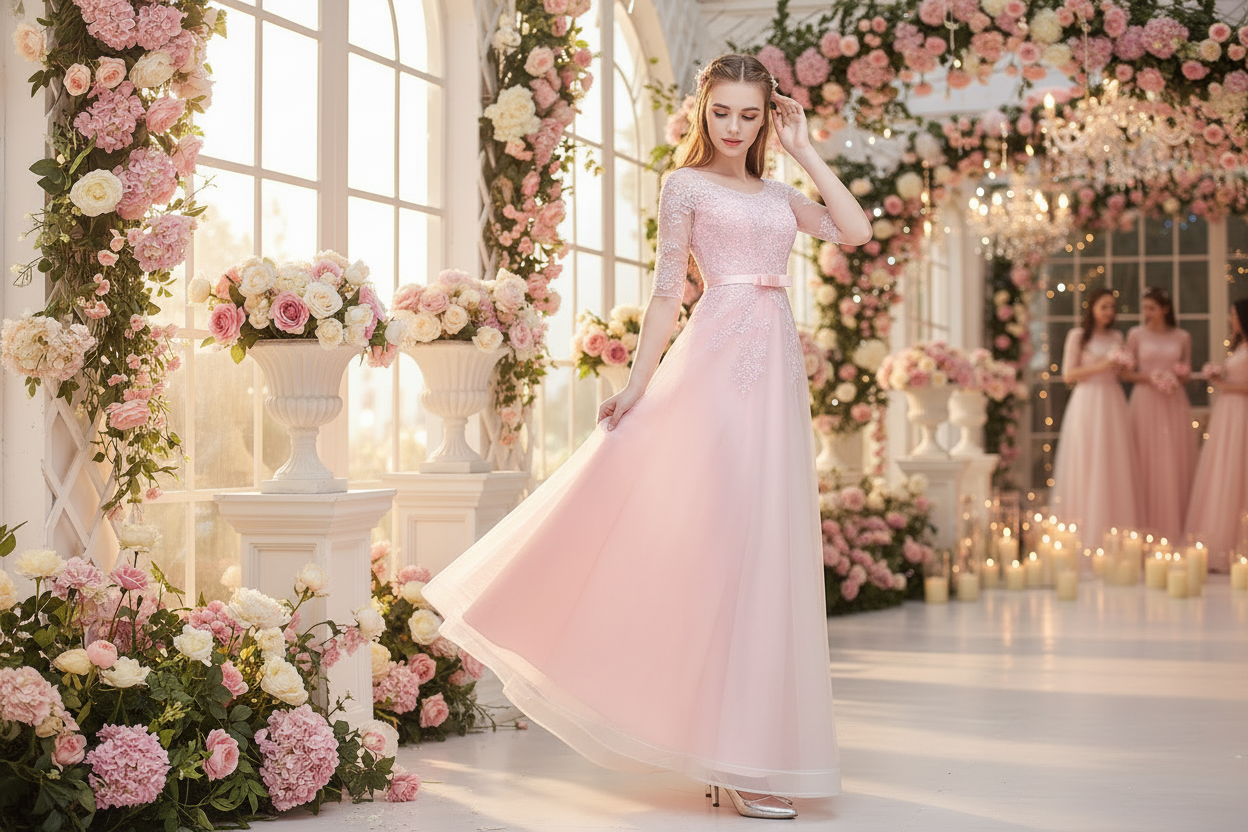 Slim bridesmaid dress with lace bodice, lace sleeves, fitted waist, A-line tulle skirt