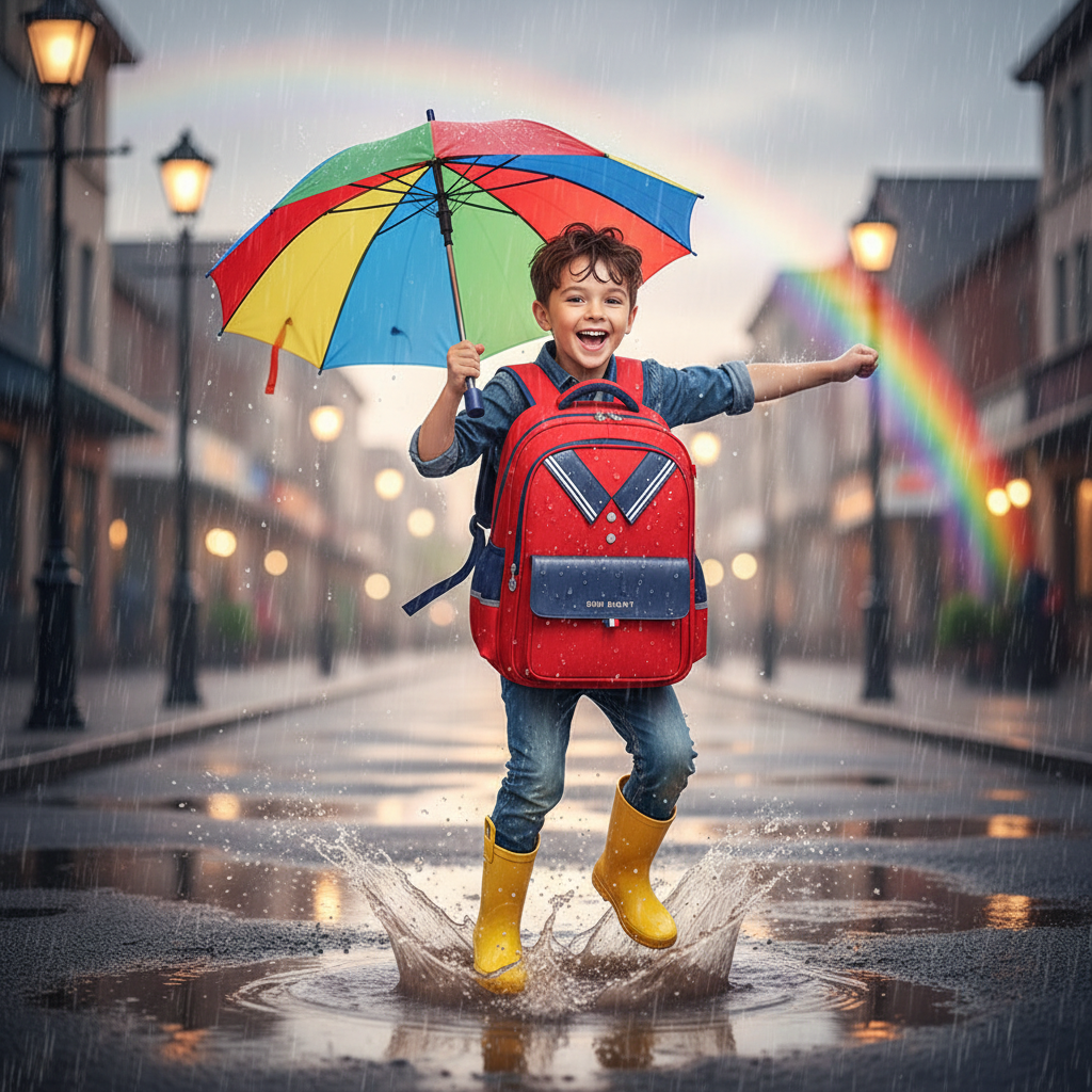 Children's waterproof backpack in red with dark navy front pocket, standing with umbrella