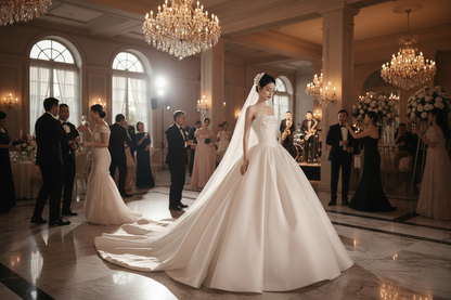 White strapless wedding dress with veil and wide skirt, featuring a long flowing train