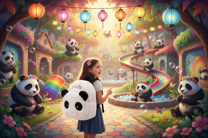 White plush panda schoolbag with round ears and cartoon face