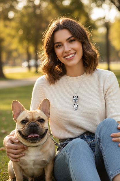 925 sterling silver dog pendant necklace with small blue eyes, worn on a white sweater