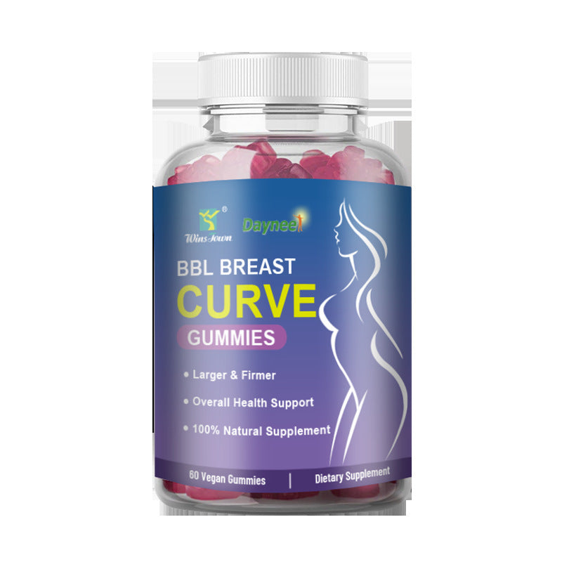 Gummy supplement bottle with pink gummies and white ribbed cap