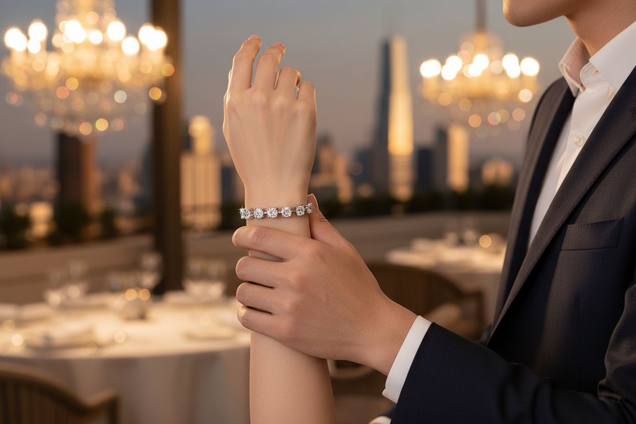 Silver tennis bracelet with linked diamond-style stones on wrist