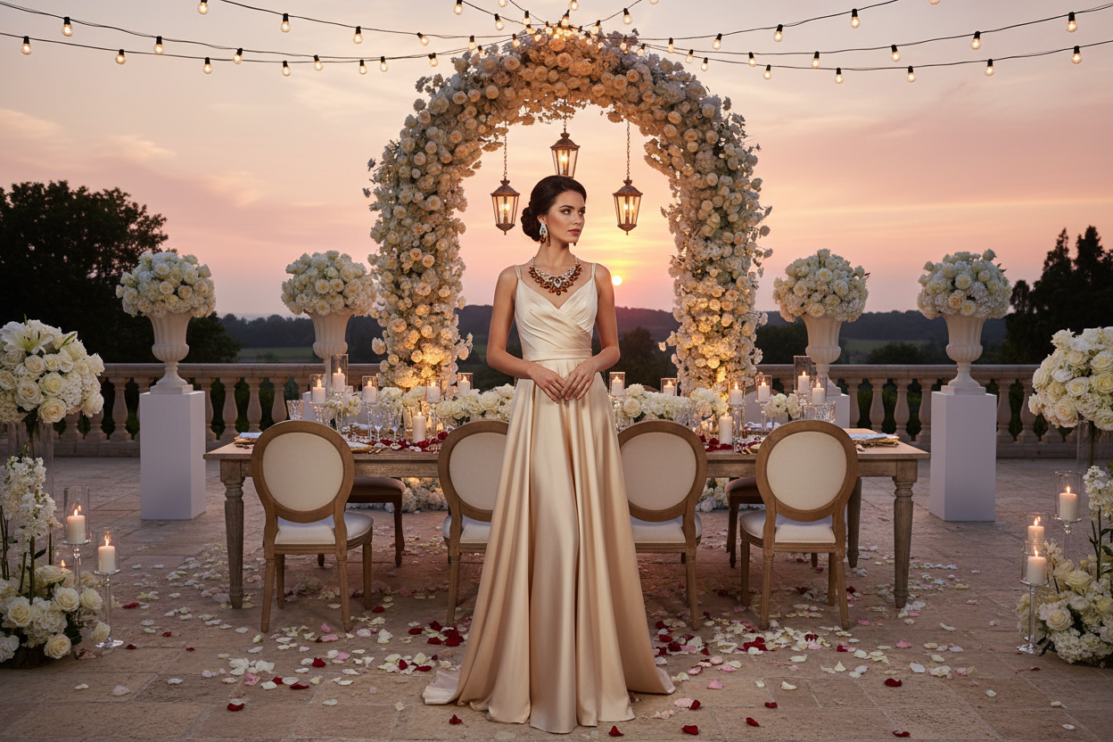 Wedding jewelry set: gold-tone necklace with matching earrings, ornate teardrop design