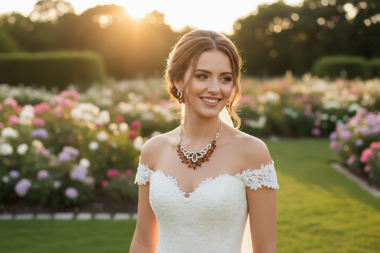 Wedding jewelry set: gold-tone statement necklace with matching dangling earrings, teardrop motifs