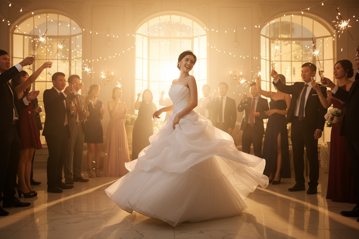 White bridal gown with sculpted lace bodice and wide tiered skirt