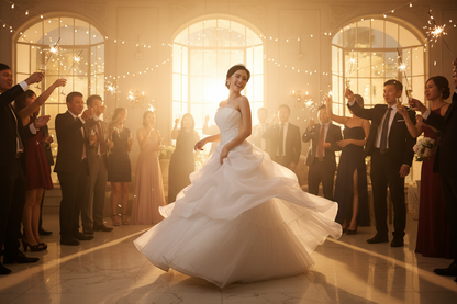 White bridal gown with sculpted lace bodice and wide tiered skirt