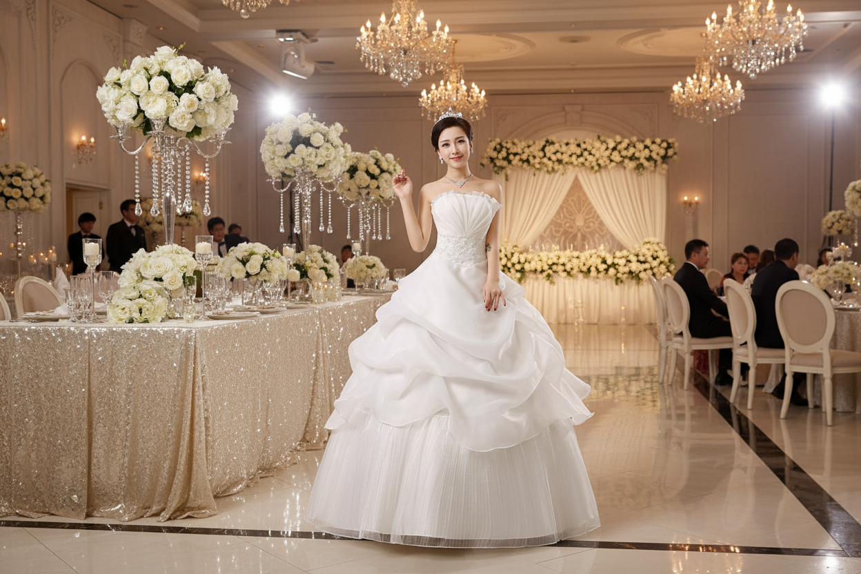 White wedding dress with strapless lace bodice and voluminous tiered skirt
