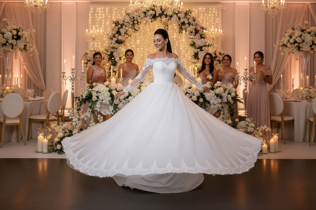 Ivory lace bridal wedding dress with lace neckline, long train, and full skirt silhouette