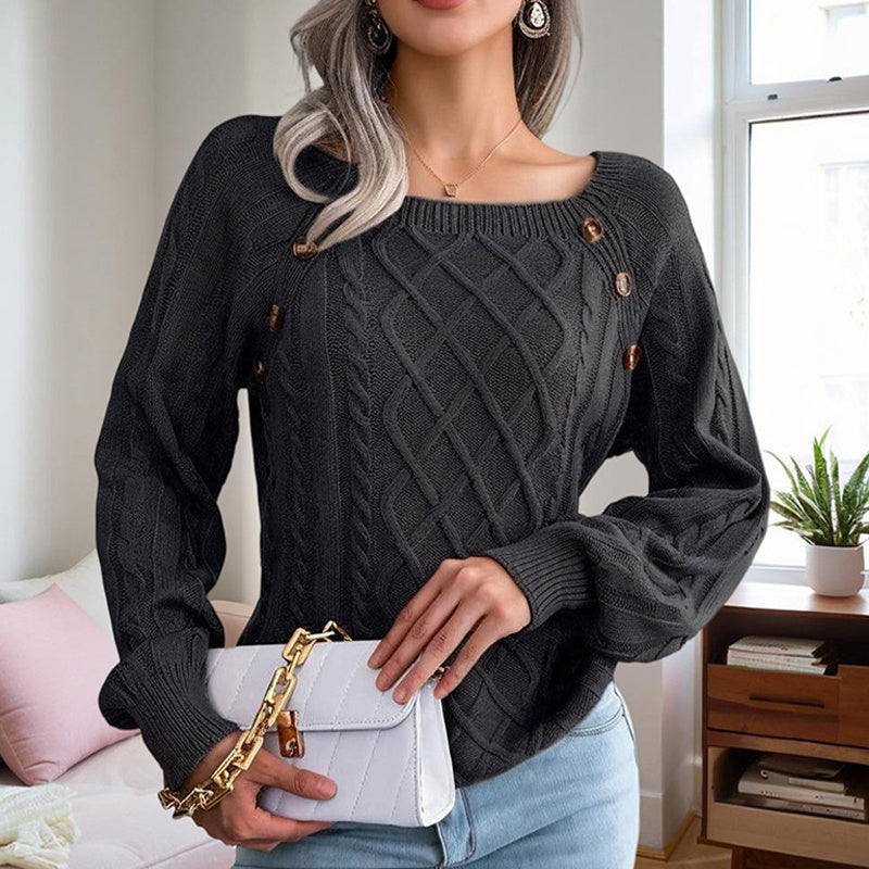 Women's Solid Color Casual Square Neck Button-Detail Knit Top - Textured Ribbed Pattern
