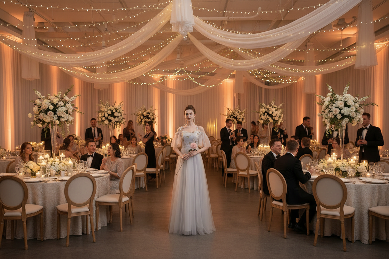 Light champagne-gray off-shoulder gown with floral embroidery on the bodice and full tulle skirt
