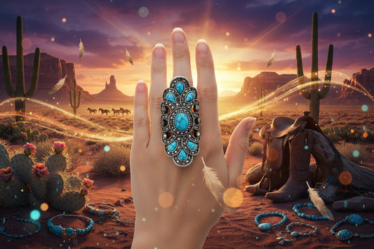 Vintage turquoise ring with oval blue stones and ornate silver-tone filigree