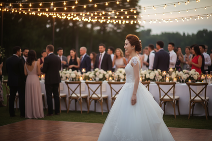 White A-line wedding dress with thin straps and embroidered lace bodice
