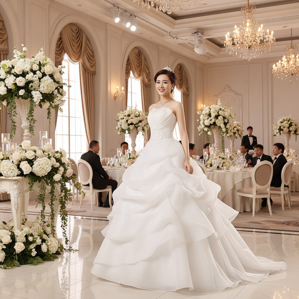 White bridal gown with sweetheart neckline, lace bodice, and layered tulle skirt
